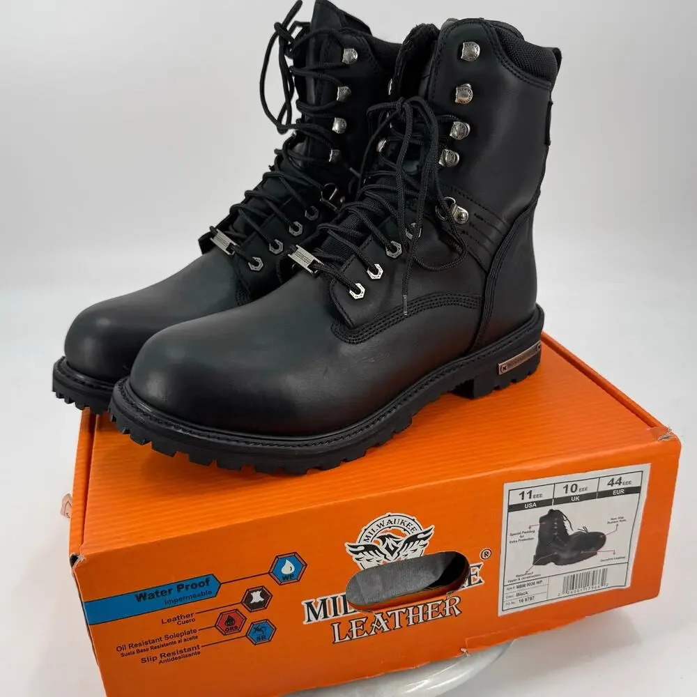 NWT Milwaukee Leather Black Wide Width 7-inch Lace to Toe Full-Waterproof boots